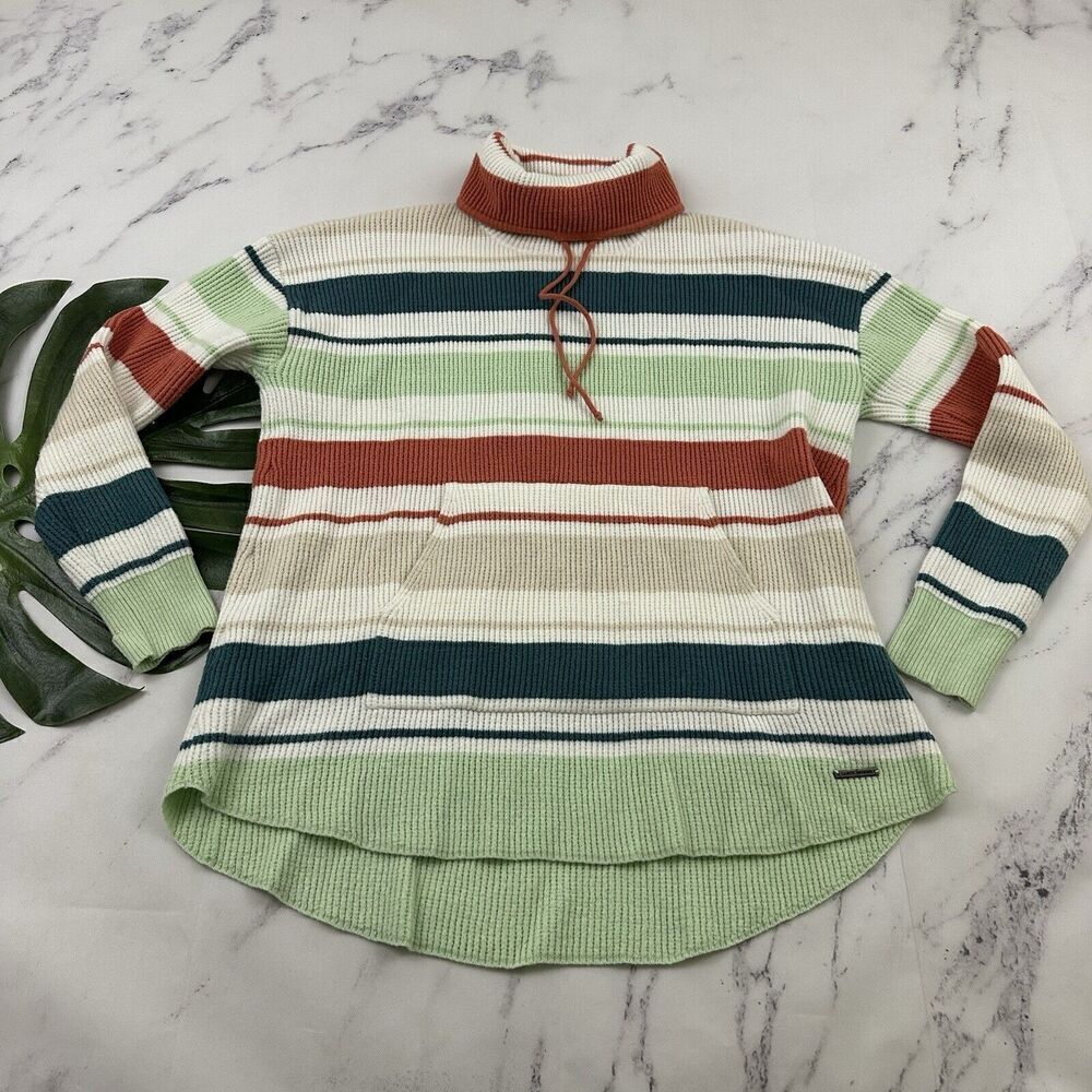 Carve Designs Womens Turtleneck Sweater Size L Green Orange Stripe Waffle Knit